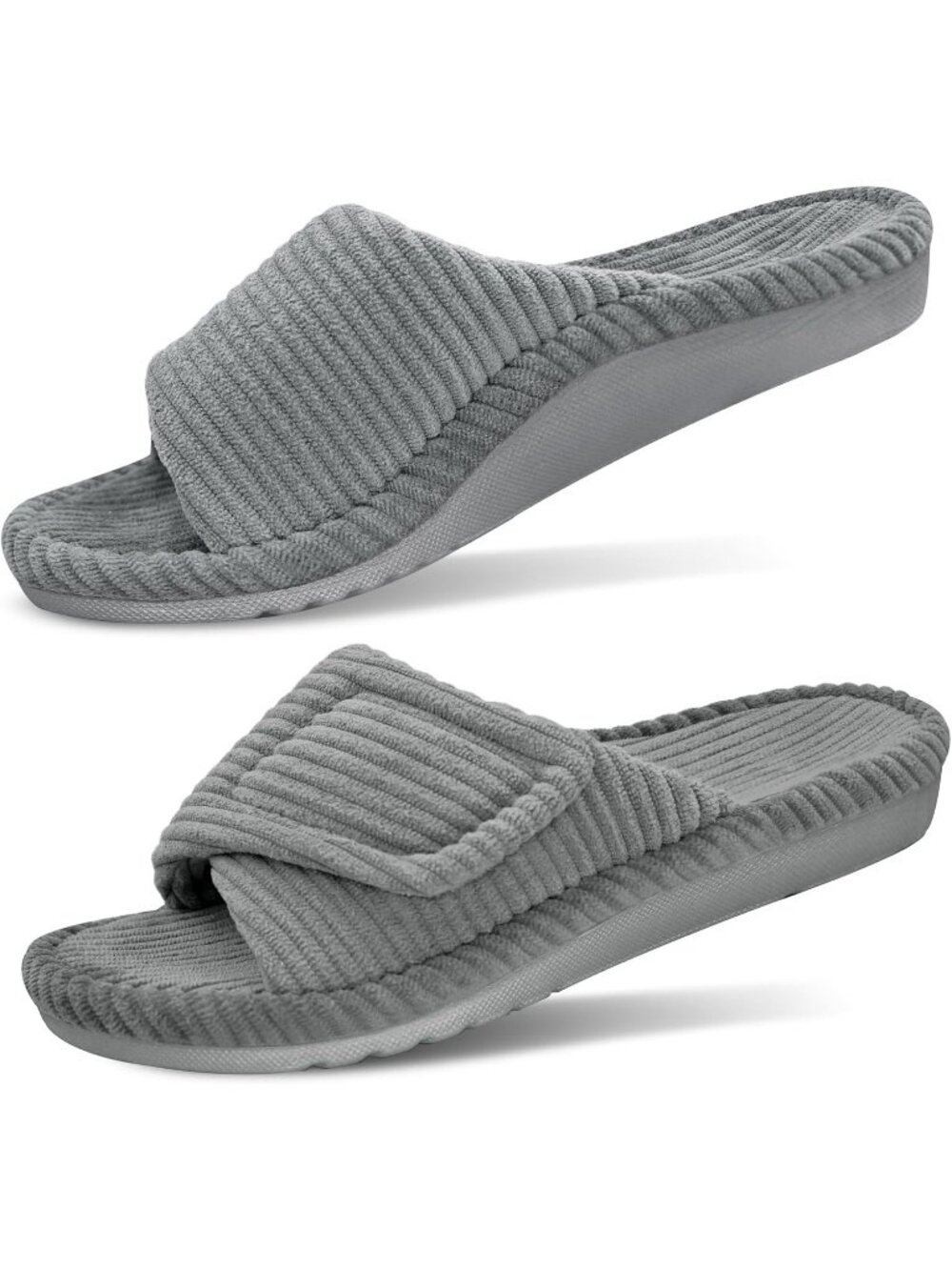 Women's Grey Orthopedic Arch Support Slippers Fuzzy Memory Foam Open Toe Slide